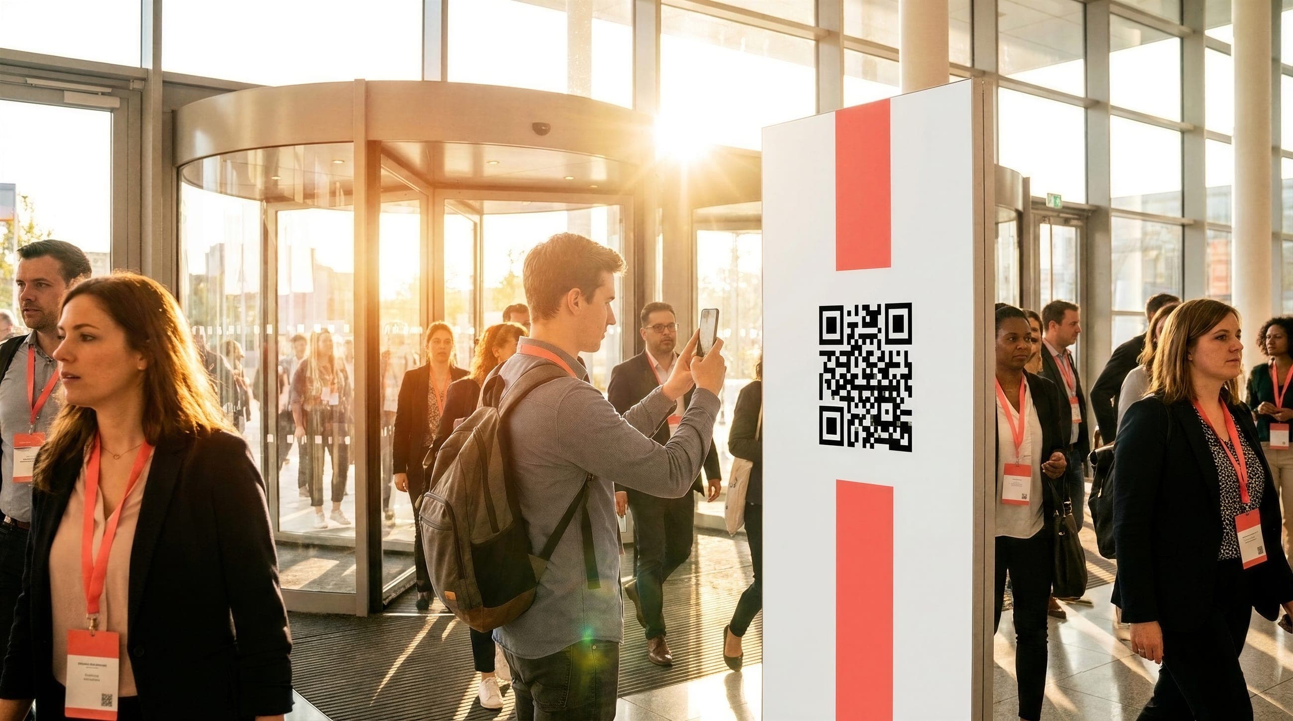 Un visiteur scanne le code QR d’une affiche à l’entrée vitrée du salon