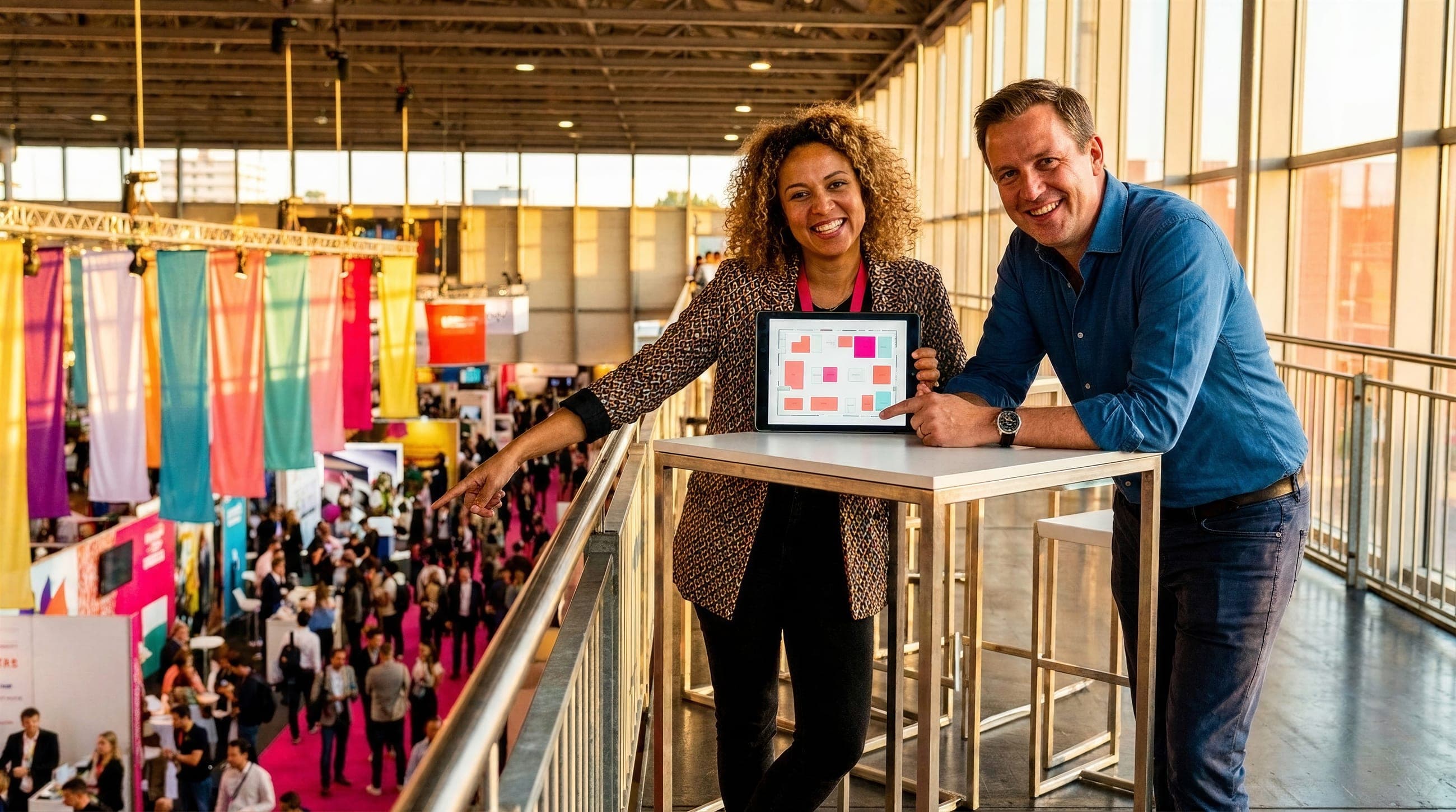 Deux organisateurs sur la mezzanine consultent le plan sur tablette au-dessus du plancher du salon