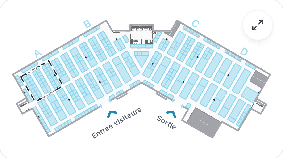 Plan du Salon industriel de Québec 2026 : quatre sections de kiosques, entrée visiteurs, sortie, restaurant et salle de conférence