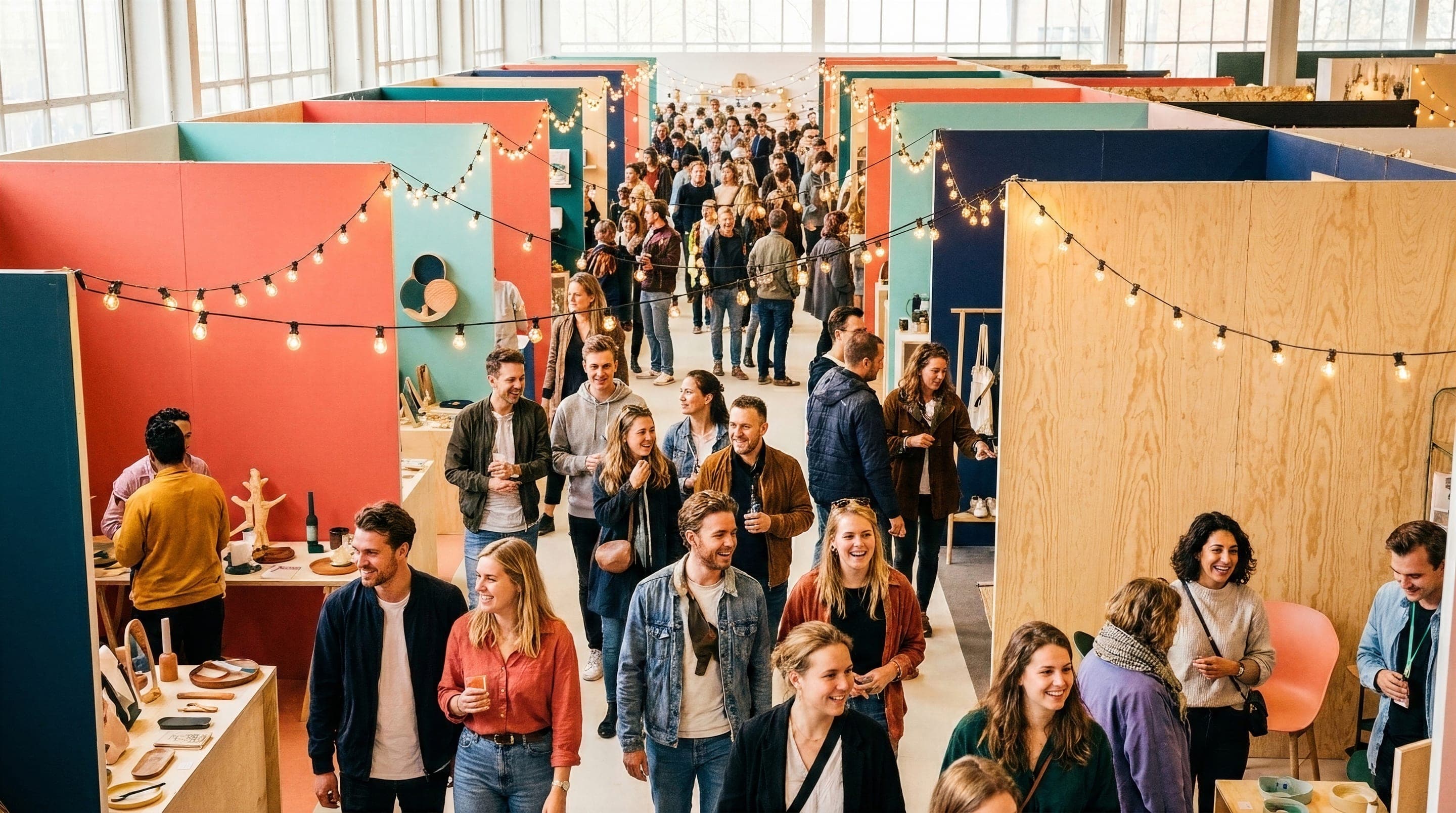 Allées animées d’un salon : des visiteurs souriants circulent entre des kiosques colorés sous des guirlandes lumineuses